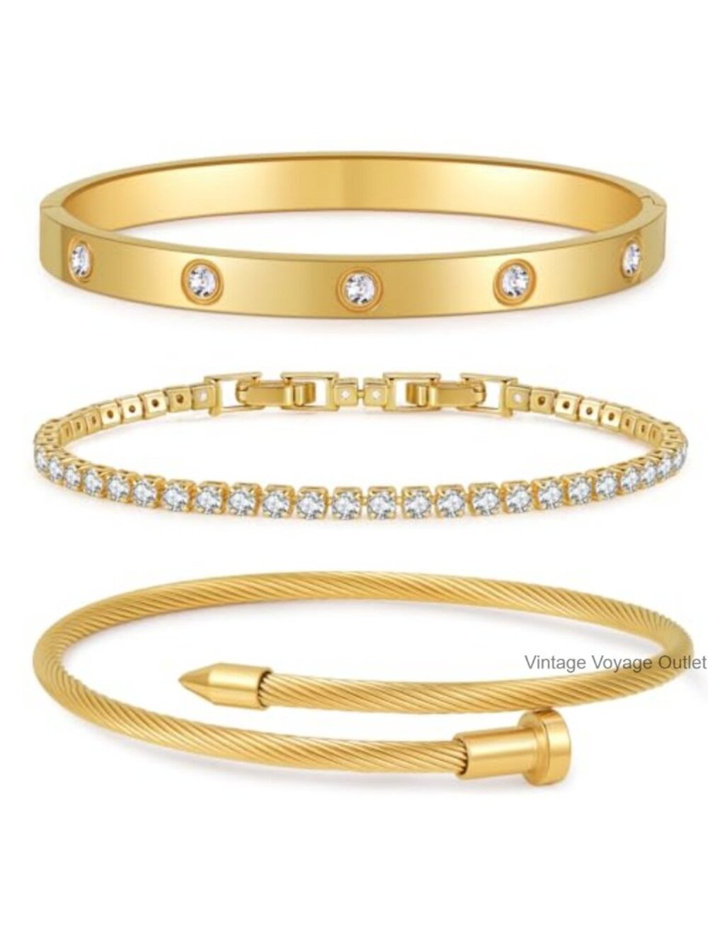 Gold Plated Bangle Bracelet Set Stackable Stainless Steel Tennis Adjustable
